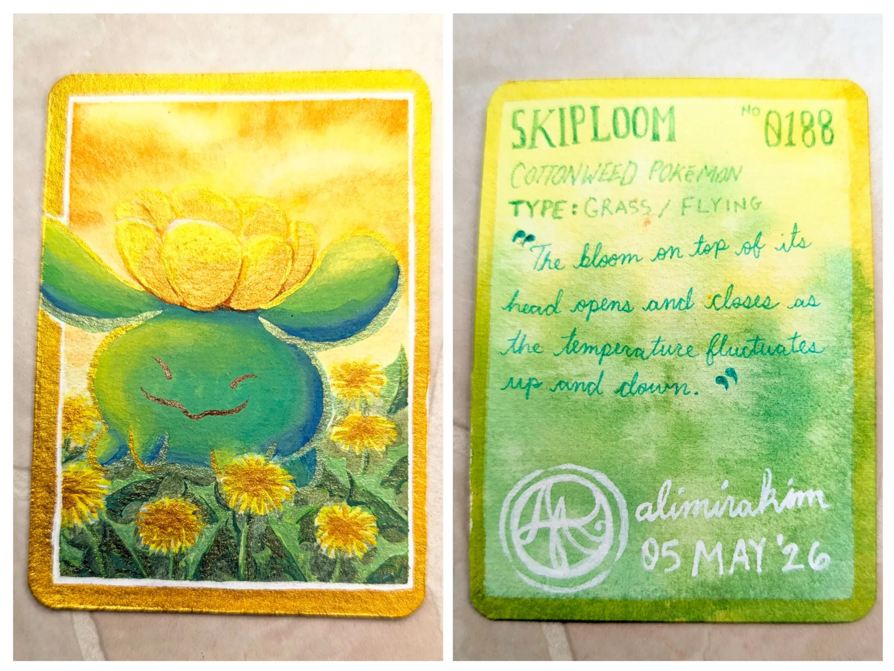 Pokemon: Skiploom - OOAK Watercolor, Gouache & Sparkling Iridescent Metallic Paints aceo art card
