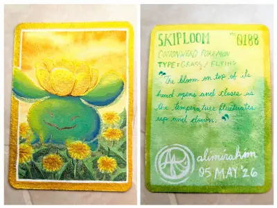 Pokemon: Skiploom - OOAK Watercolor, Gouache & Sparkling Iridescent Metallic Paints aceo art card thumbnail 1