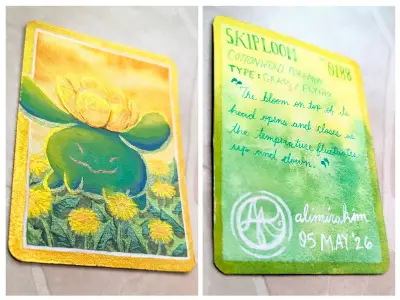 Pokemon: Skiploom - OOAK Watercolor, Gouache & Sparkling Iridescent Metallic Paints aceo art card thumbnail 2