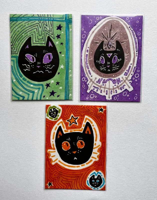 strange cats, strange faces | set of 3, marker and ink aceo art card