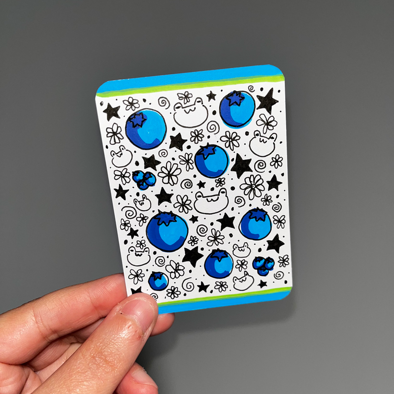 original aceo fruity friends series 3/3 blueberry frog floral stars doodle blue aceo art card