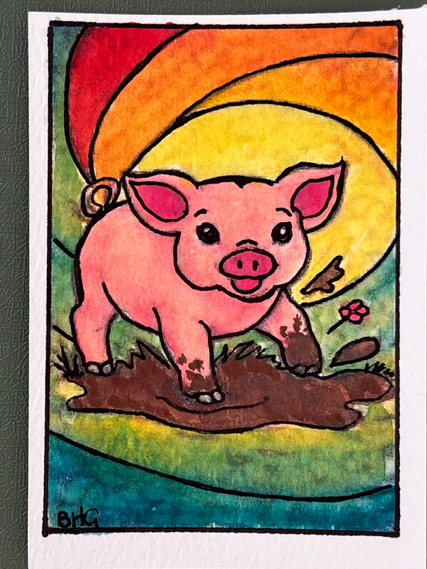 Happy As A Pig In Mud aceo art card