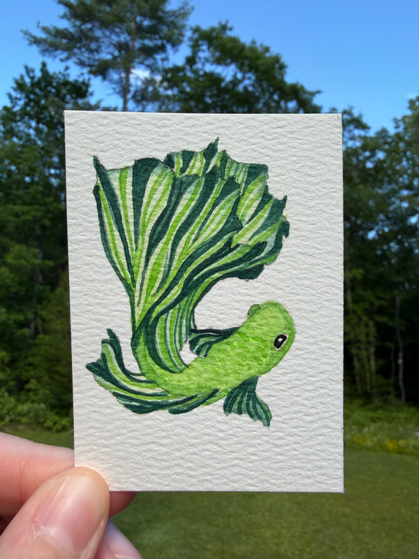 Green Betta Fish aceo art card