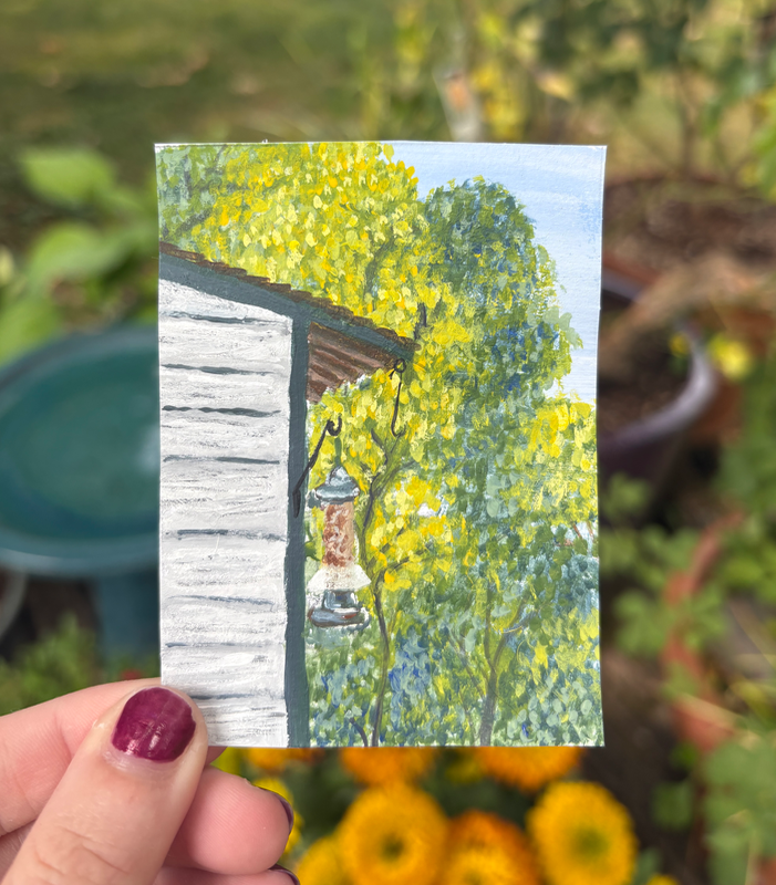 Original ACEO Acrylic Painting House in Nature Bird Feeder Landscape Mini Art aceo art card
