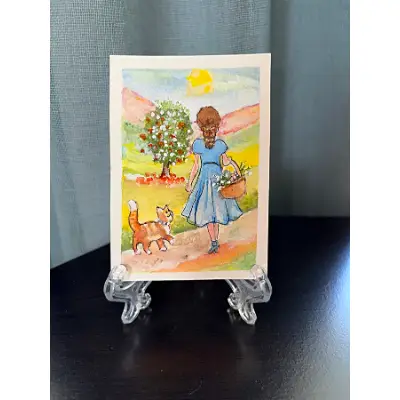 "Taking A Stroll" ACEO Original Watercolor summertime lady dog miniature SRA OOAK Fine Art by Edie aceo art card thumbnail 2