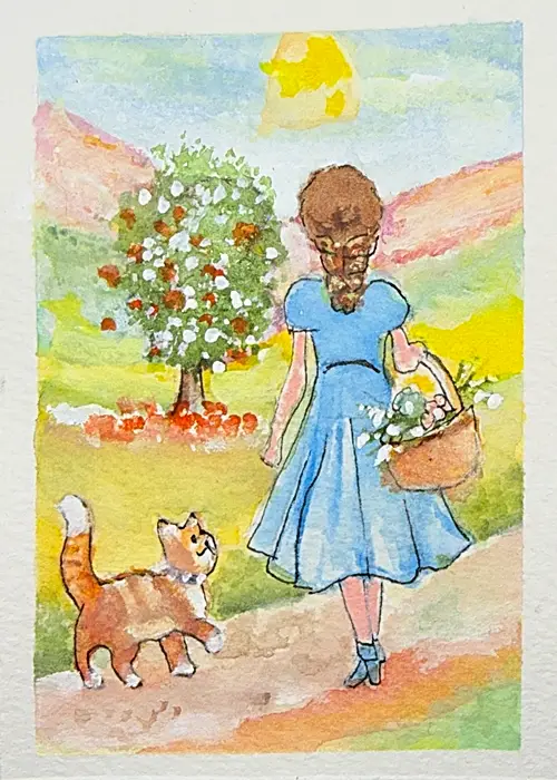 "Taking A Stroll" ACEO Original Watercolor summertime lady dog miniature SRA OOAK Fine Art by Edie aceo art card