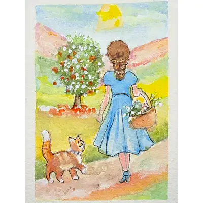 "Taking A Stroll" ACEO Original Watercolor summertime lady dog miniature SRA OOAK Fine Art by Edie aceo art card thumbnail 1