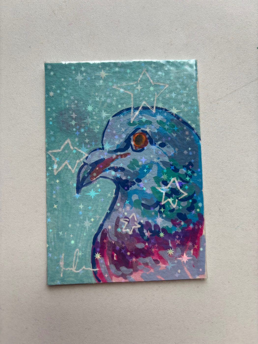 “Sparkly Stars” Pigeon aceo art card