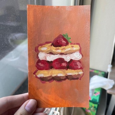 Strawberry and Cream Pastry ACEO Painting aceo art card thumbnail 1