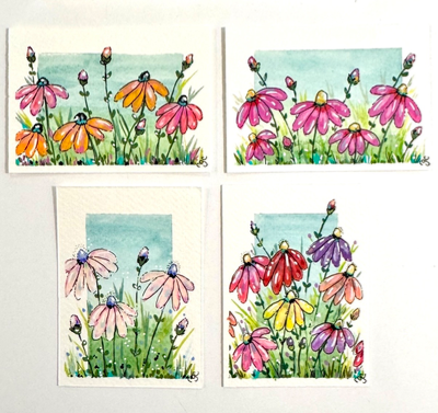 Pink Flowers, Colorful Daisies aceo art card thumbnail 5