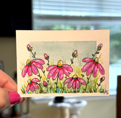 Pink Flowers, Colorful Daisies aceo art card thumbnail 4