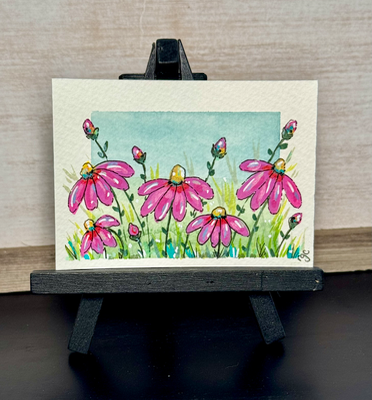 Pink Flowers, Colorful Daisies aceo art card thumbnail 2