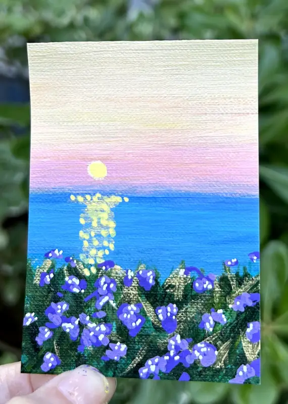 Shimmering San Diego Coastal Sunset with Sea Lavender aceo art card