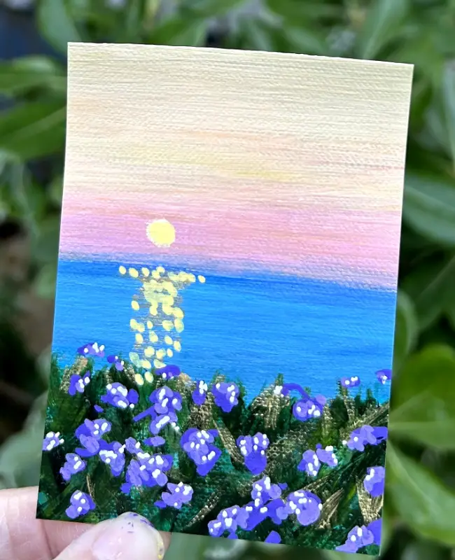 Shimmering San Diego Coastal Sunset with Sea Lavender aceo art card