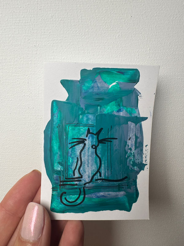 Cat line drawing on abstract acrylic background aceo art card