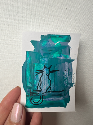Cat line drawing on abstract acrylic background aceo art card thumbnail 1