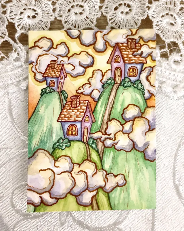 Original ACEO: Watercolor Fantasy Landscape, Tiny Houses on Hills in the Clouds aceo art card