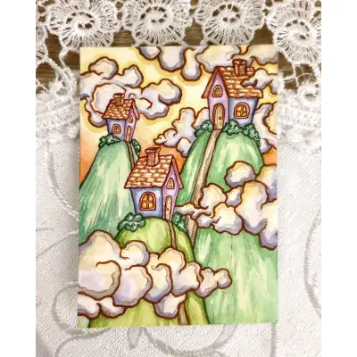 Original ACEO: Watercolor Fantasy Landscape, Tiny Houses on Hills in the Clouds aceo art card thumbnail 1