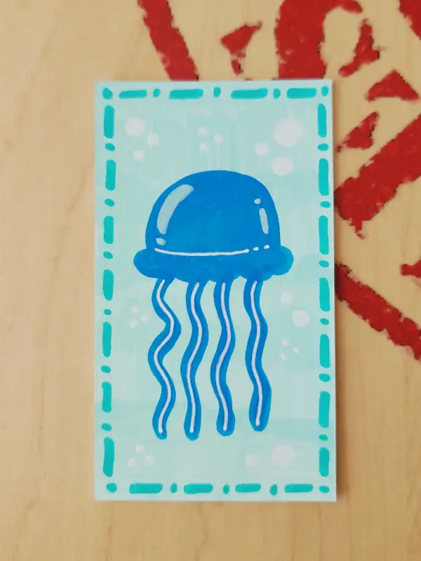 Blue Jellyfish ACEO Original Art Trading Card Acrylic Marker Ocean Miniature Painting aceo art card