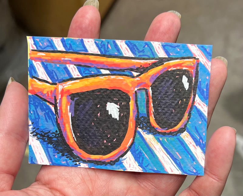 Orange sunglasses on blue white stripes acrylic painting aceo art card