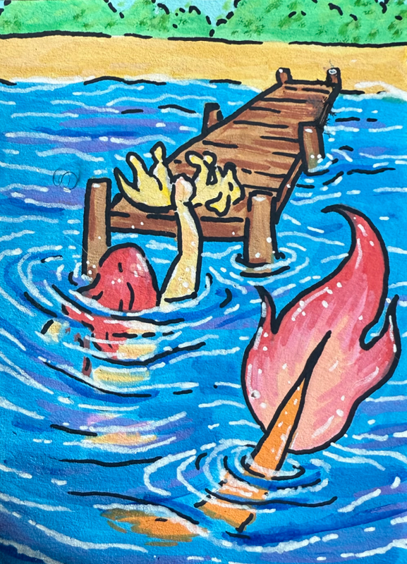 Silly Mermaid Pets a Puppy aceo art card