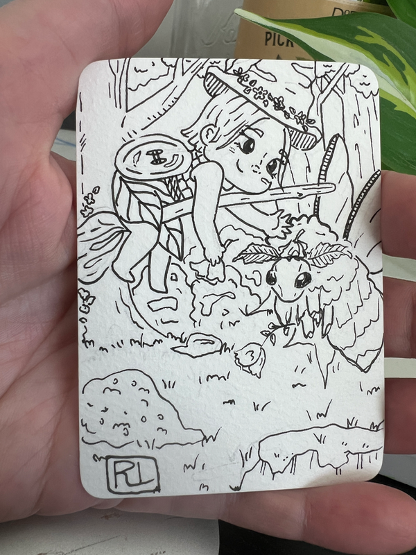 1/3 Little Witch Series ACEO, little witch and moth in the forest aceo art card