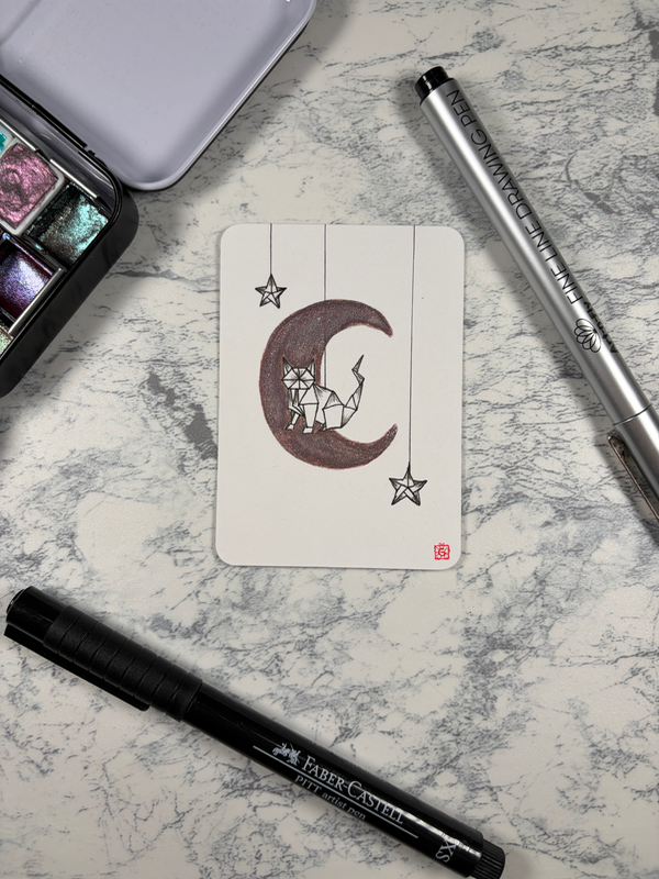 Cat paper origami animal | kitty feline moon stars Japanese style aceo art card