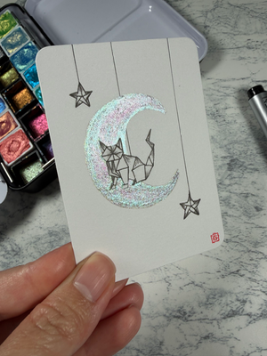 Cat paper origami animal | kitty feline moon stars Japanese style aceo art card thumbnail 2