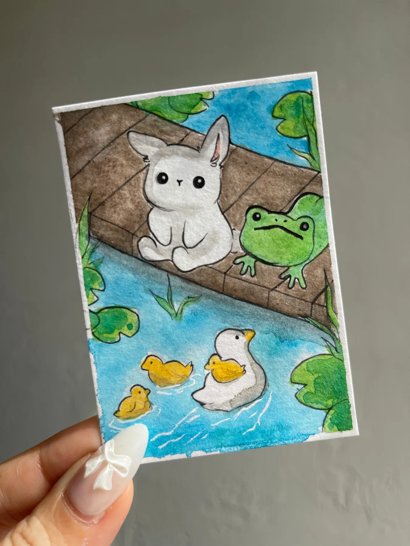 Bunny and Frog at the River aceo art card