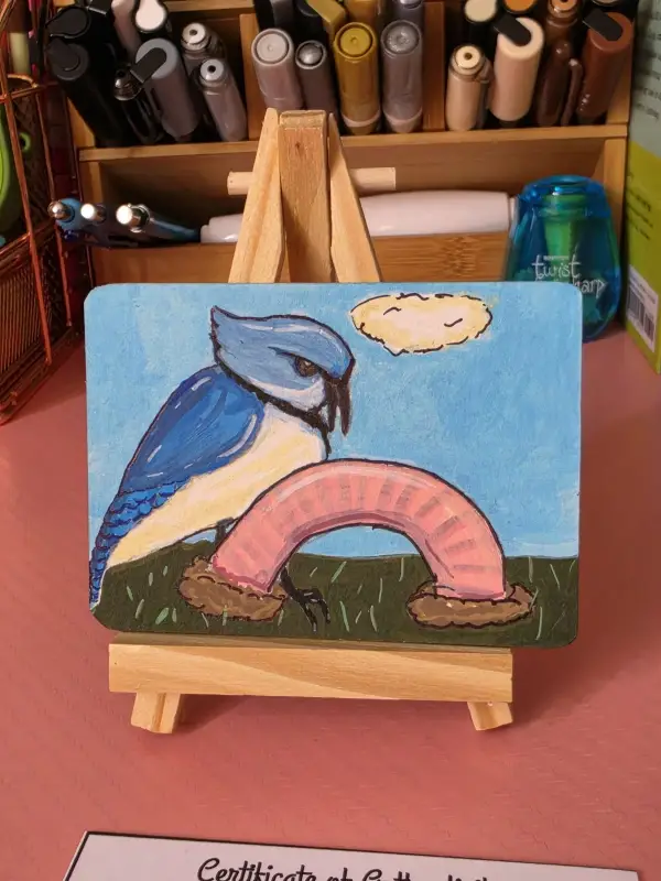 The bird and the worm (blue jay and earth worm) aceo art card