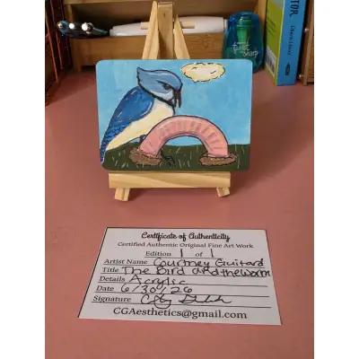 The bird and the worm (blue jay and earth worm) aceo art card thumbnail 2