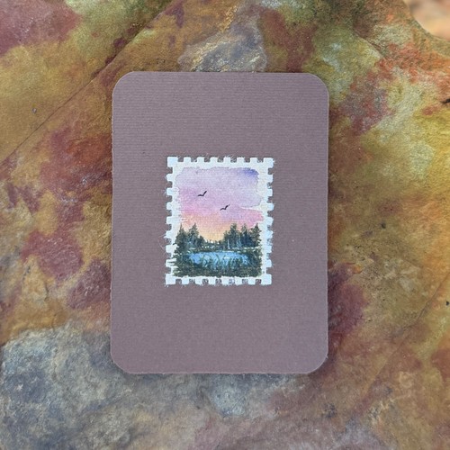 ACEO Original Tiny Postage Stamp Landscape on Handmade Paper aceo art card