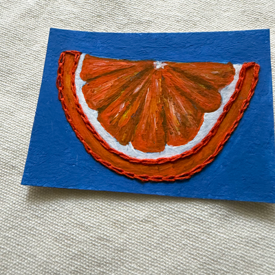 Original ACEO Acrylic Orange Fruit Citrus Food Hand Embroidery Stitched Mixed Media aceo art card thumbnail 2