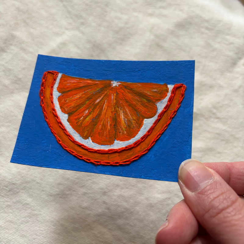 Original ACEO Acrylic Orange Fruit Citrus Food Hand Embroidery Stitched Mixed Media aceo art card