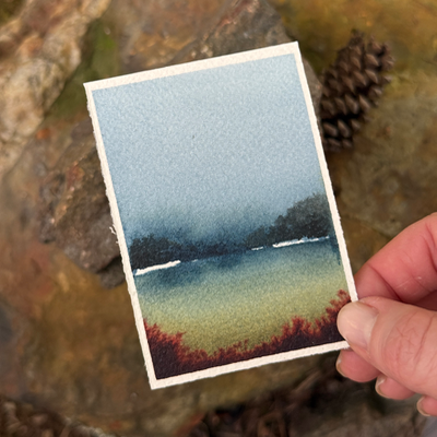 ACEO Watercolor, Landscape, Original, Marsh, “Abstract Pond”, 3.5x2.5in, By Lark Watercolor and Art aceo art card thumbnail 2