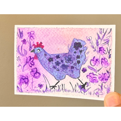 Purple Flower Chicken Power aceo art card thumbnail 2
