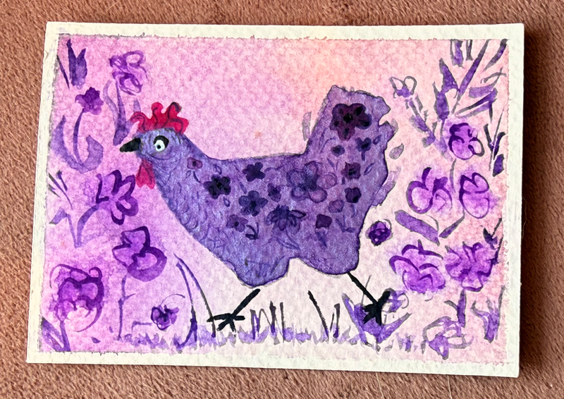 Purple Flower Chicken Power aceo art card