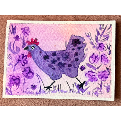 Purple Flower Chicken Power aceo art card thumbnail 1