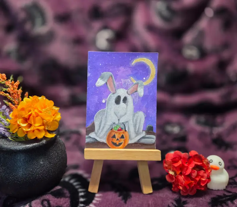 Critter Treats Series Part 3 of 9, Halloween Spooky Cute Bunny Ghost Trick or Treat aceo art card