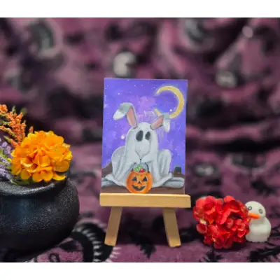Critter Treats Series Part 3 of 9, Halloween Spooky Cute Bunny Ghost Trick or Treat aceo art card thumbnail 1