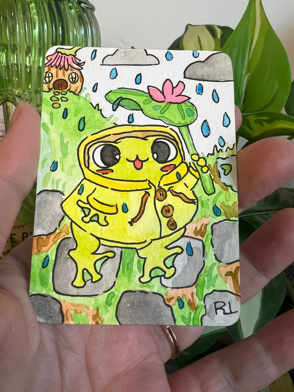 3/3 original frog in the rain, cozy whimsical art aceo art card