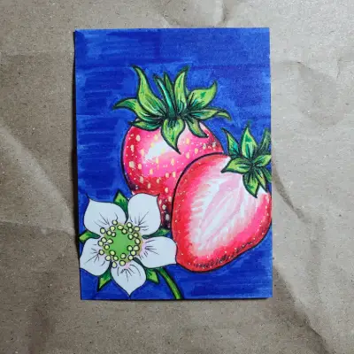 Strawberry Half and Blossom aceo art card thumbnail 2