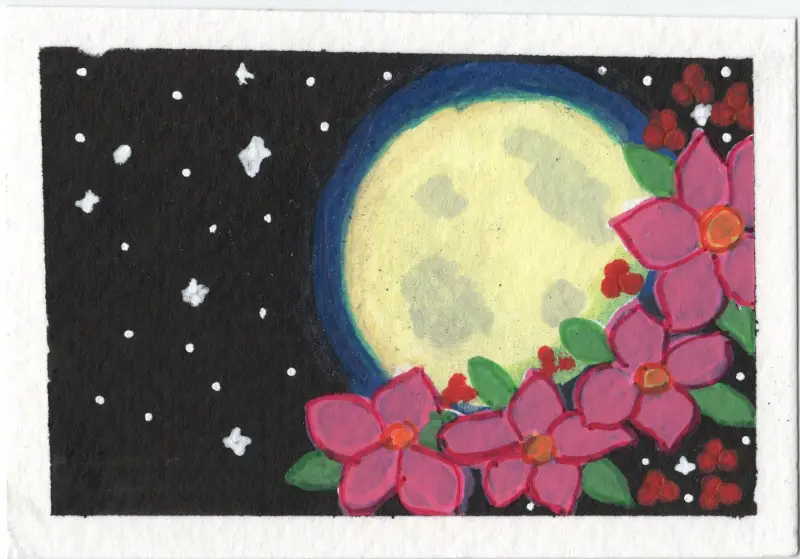 Moon & Floral Night Sky Mini Art OOAK bethrichlife aceo art card