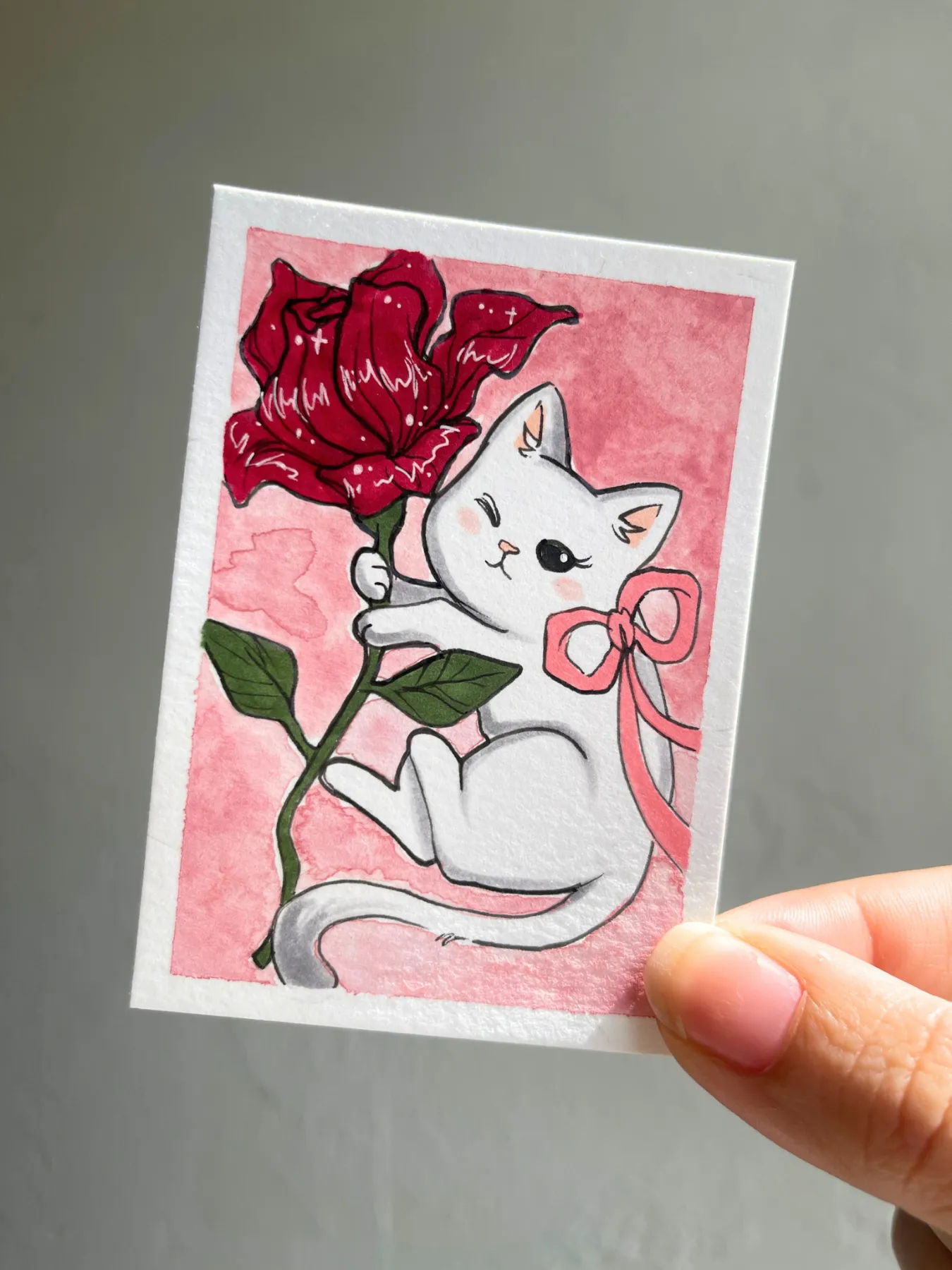 Cat and Rose aceo art card