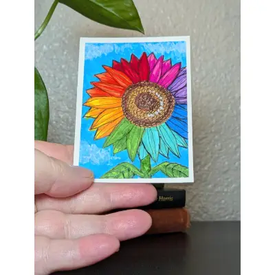 Rainbow Sunflower #3 aceo art card thumbnail 2