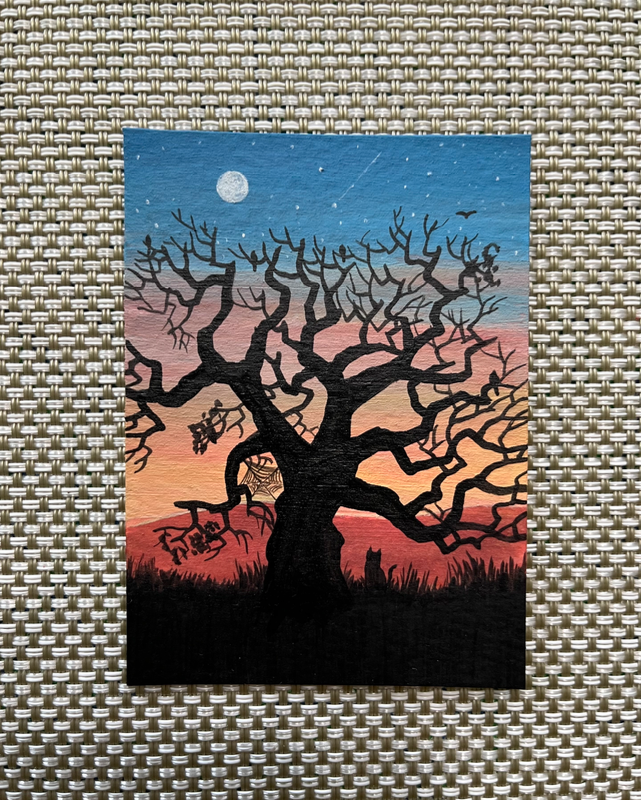 “Waiting Patiently” Tree, Shooting Star, Moon, Cat, Cobweb Silhouette aceo art card