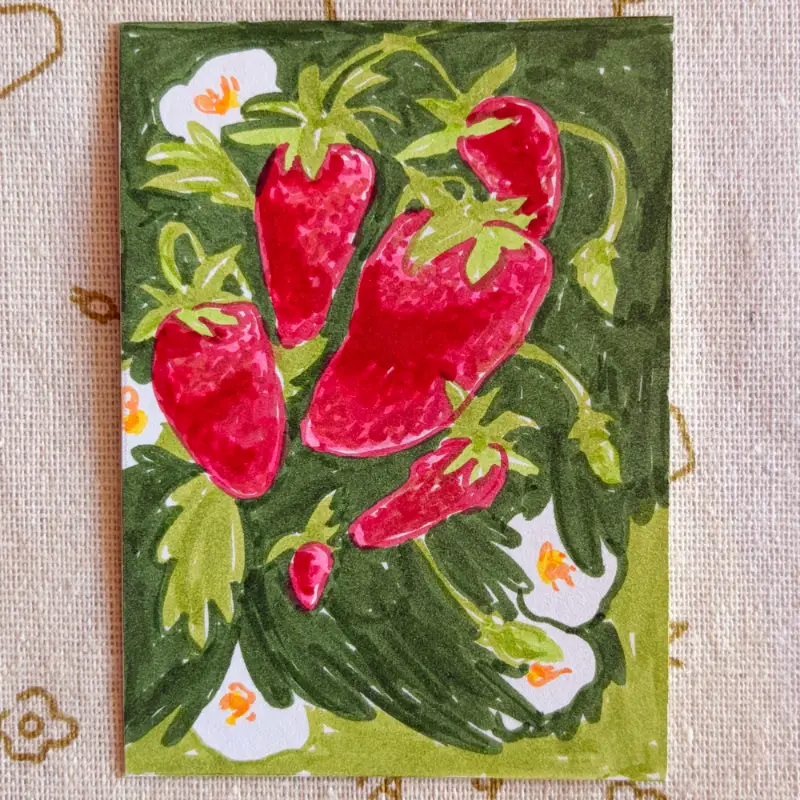 Strawberry plant 2/4 aceo art card