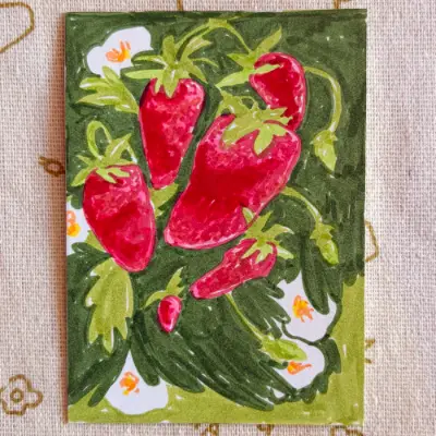 Strawberry plant 2/4 aceo art card thumbnail 1