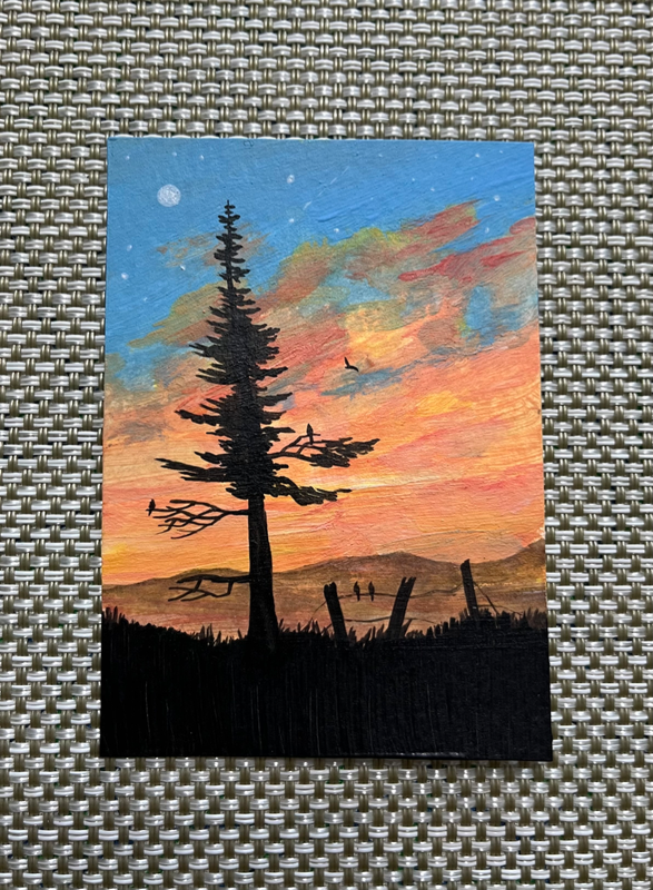 “Breath It All In” Pine, Moon, Fence, Silhouette aceo art card
