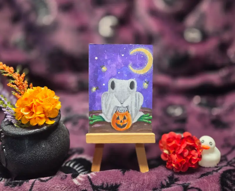 Critter Treats Series Part 4 of 9, Halloween Spooky Cute Frog Ghost aceo art card